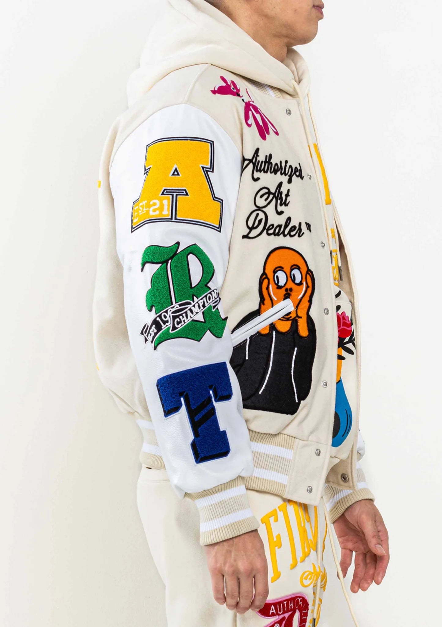 First Row Art Dealer Graphic Cream Cropped Varsity Jacket  - Recreated