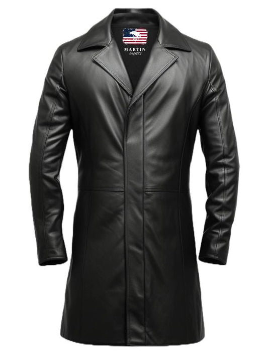 Men Black Long Leather Coat