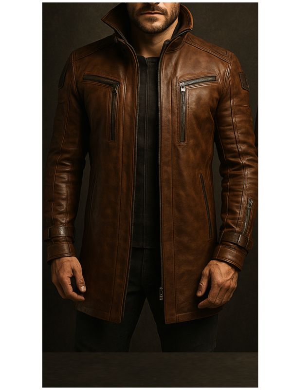 Yahya Leather Brown Long Coat - Men Long Coat Brown