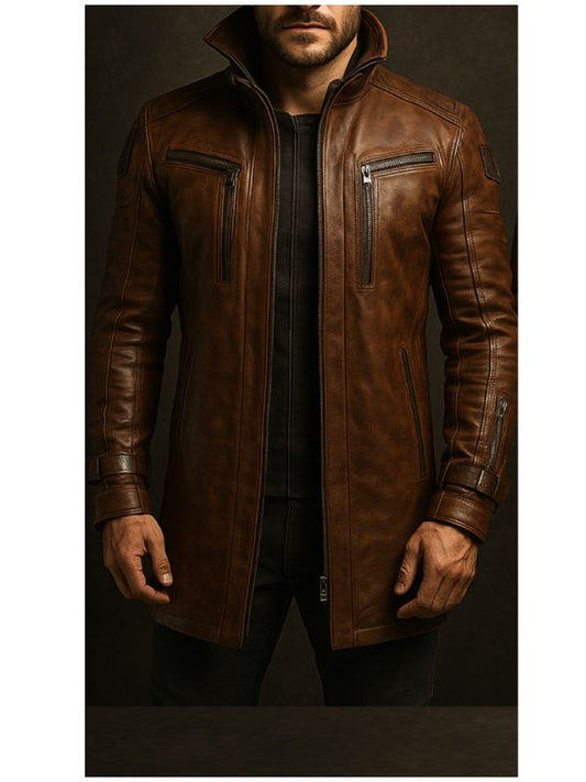 Yahya Leather Brown Long Coat - Men Long Coat Brown