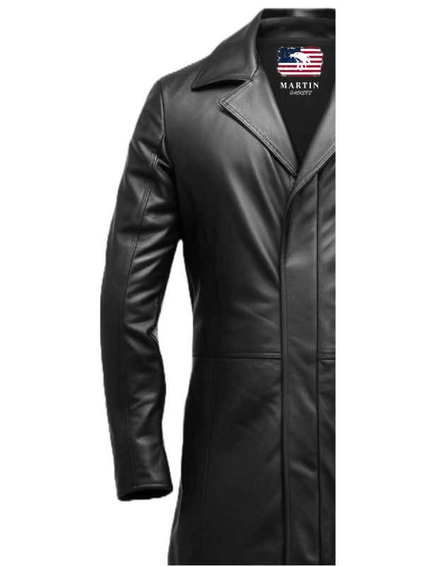 Men Black Leather Coat- Long Leather Coat