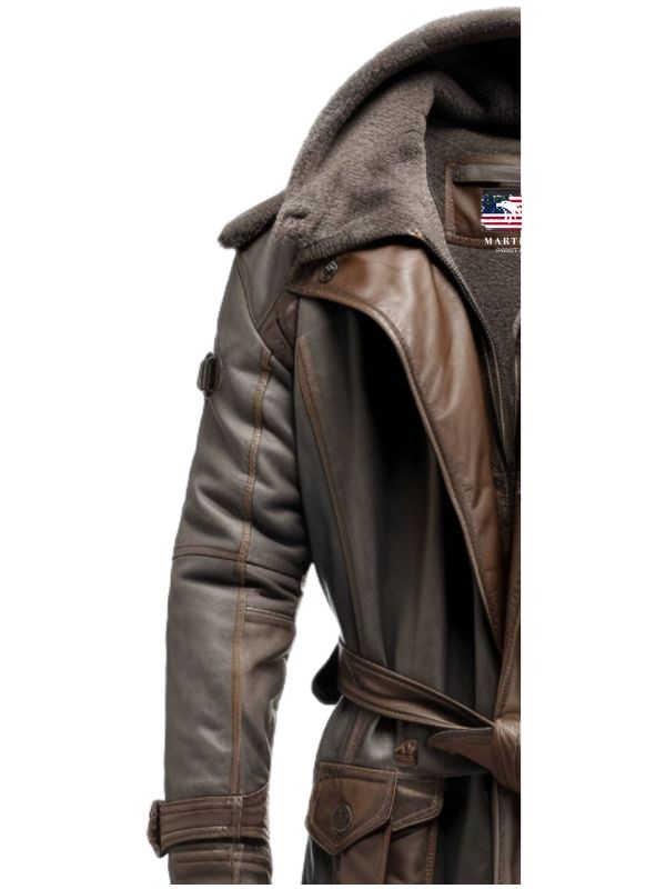 Men Dark Brown Leather Hooded Coat