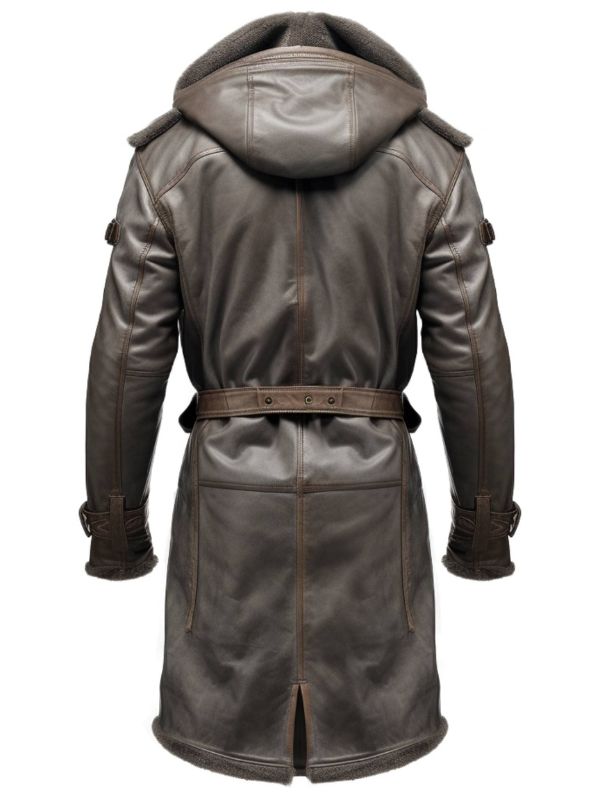Men Dark Brown Leather Hooded Coat