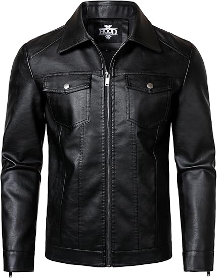 HOOD CREW Mens Leather Jacket Motorcycle Biker Jackets Casual Lightweight Faux Leather Outwear