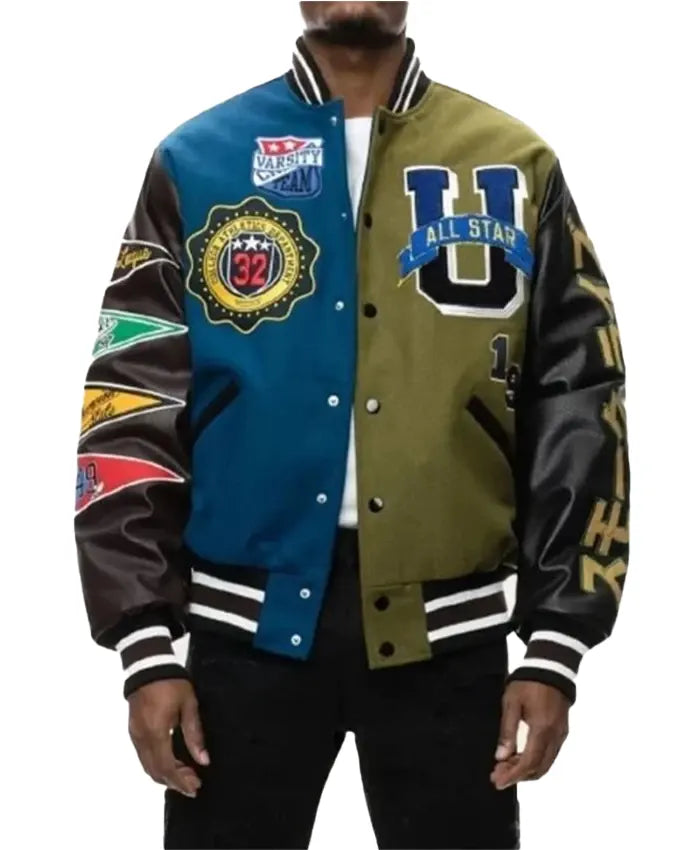 All Star Matcha Olive Letterman Varsity Jacket  - Recreated