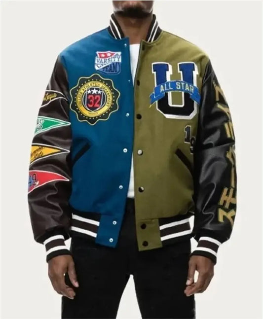All Star Matcha Olive Letterman Varsity Jacket  - Recreated