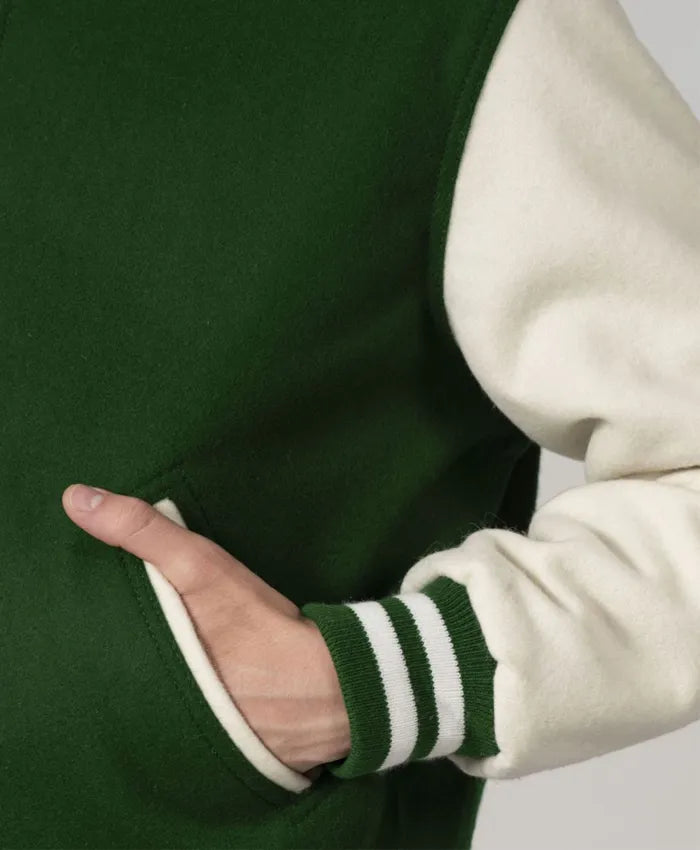 Baseball Forest Green And White Varsity Jacket With Leather Sleeves  - Recreated