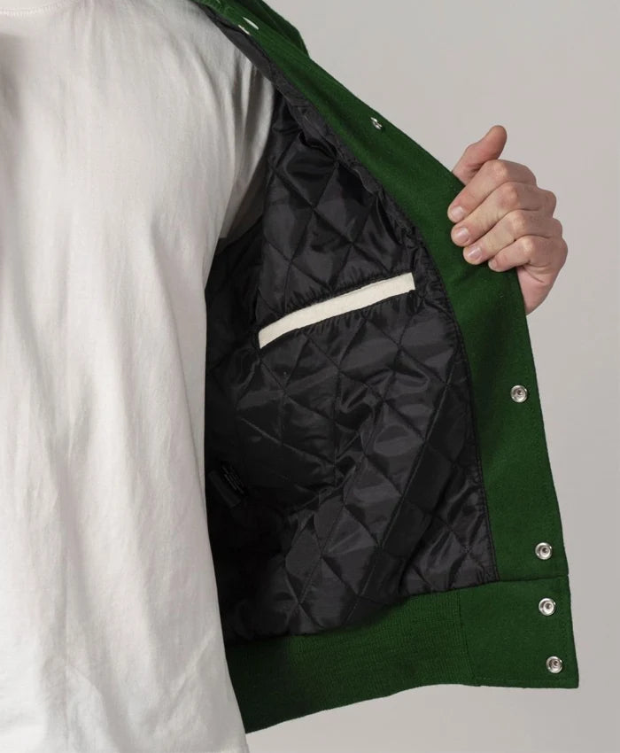Baseball Forest Green And White Varsity Jacket With Leather Sleeves  - Recreated