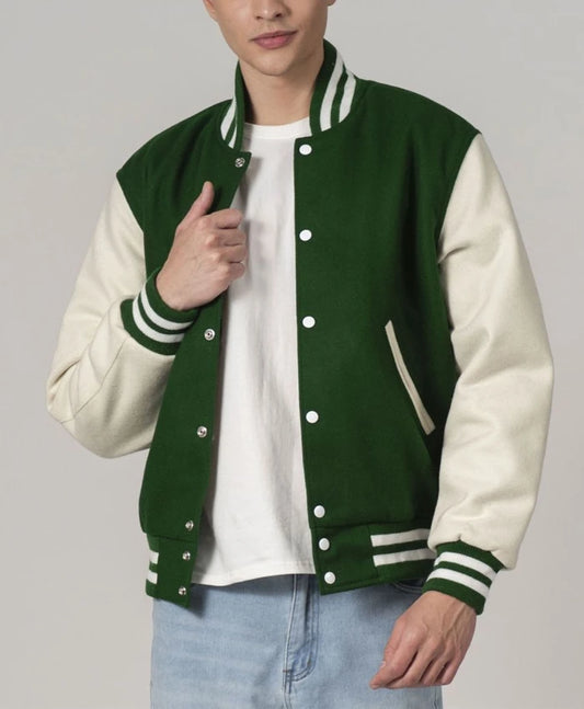 Baseball Forest Green And White Varsity Jacket With Leather Sleeves  - Recreated