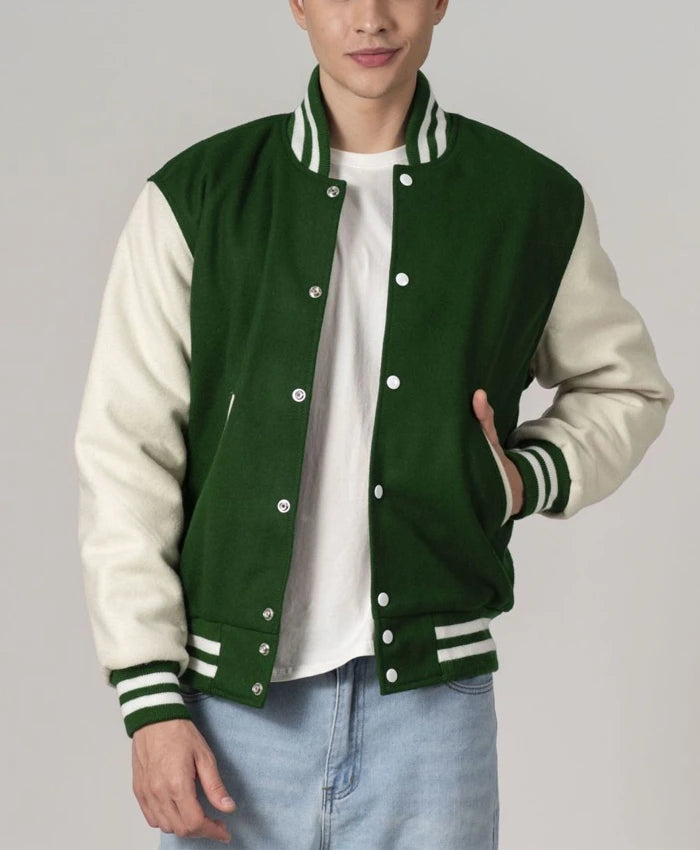 Baseball Forest Green And White Varsity Jacket With Leather Sleeves  - Recreated