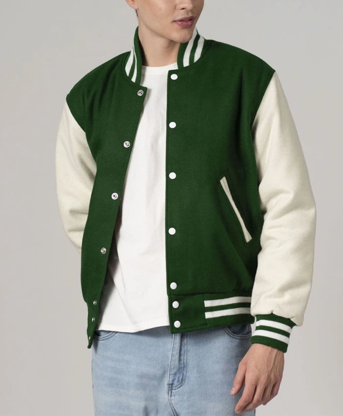 Baseball Forest Green And White Varsity Jacket With Leather Sleeves  - Recreated
