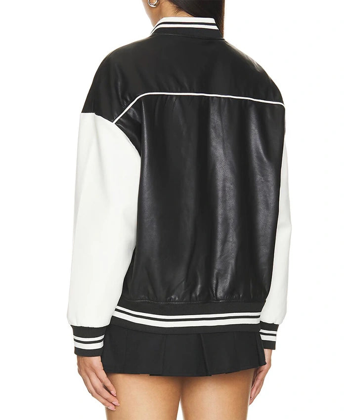 Black Varsity Bomber Leather Jacket With Stripes  - Recreated