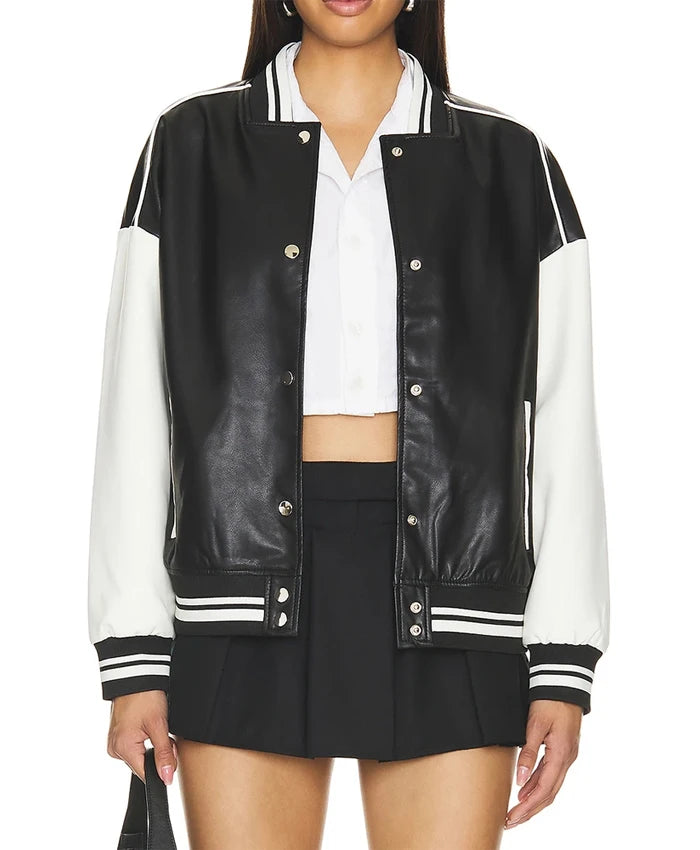 Black Varsity Bomber Leather Jacket With Stripes  - Recreated