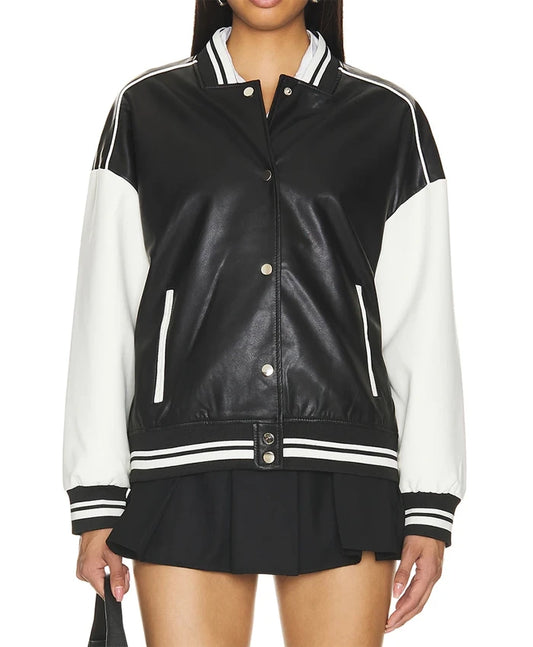 Black Varsity Bomber Leather Jacket With Stripes  - Recreated
