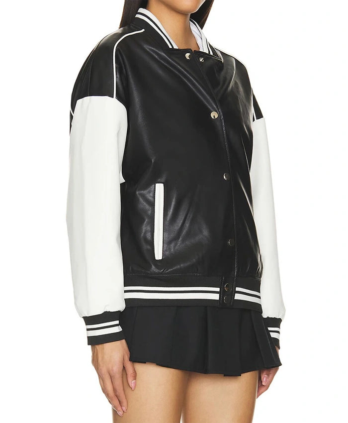 Black Varsity Bomber Leather Jacket With Stripes  - Recreated