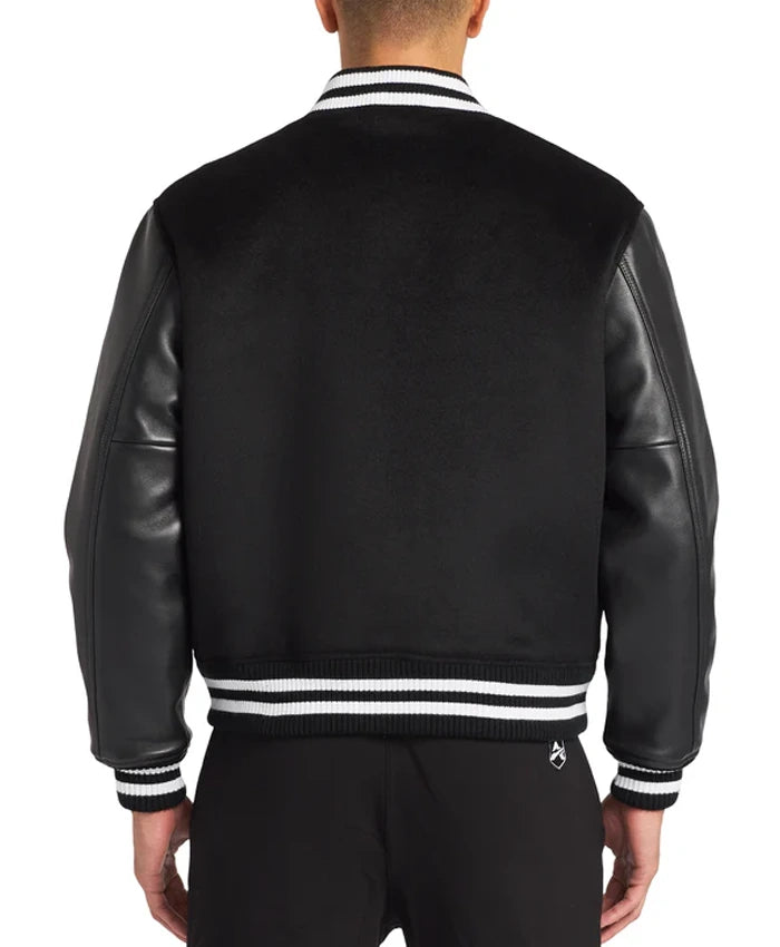 Black Wool Varsity Jacket With Leather Sleeves  - Recreated