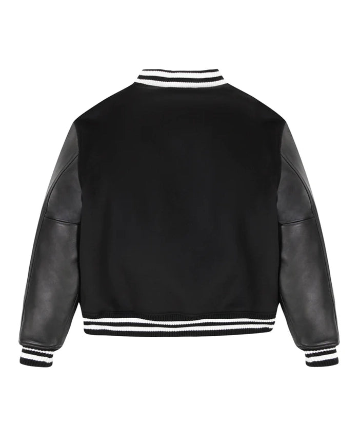 Black Wool Varsity Jacket With Leather Sleeves  - Recreated