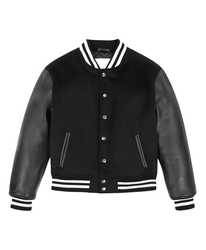Black Wool Varsity Jacket With Leather Sleeves  - Recreated