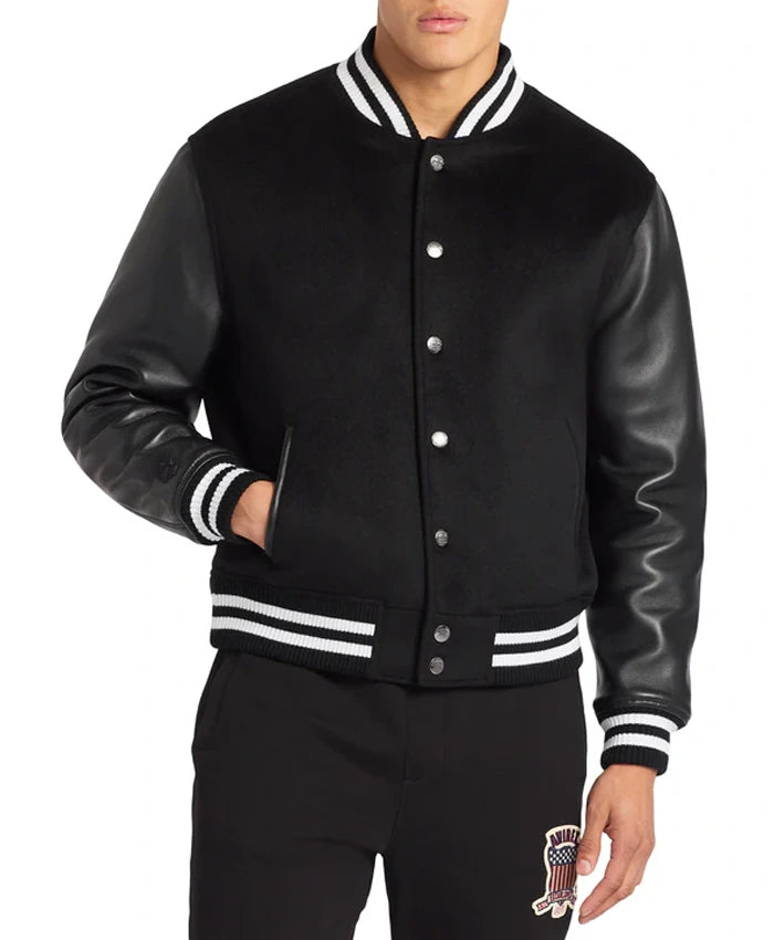 Black Wool Varsity Jacket With Leather Sleeves  - Recreated