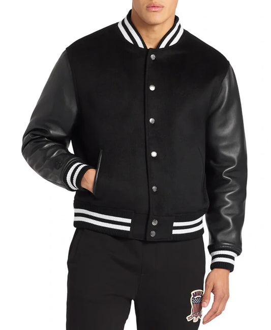 Black Wool Varsity Jacket With Leather Sleeves  - Recreated