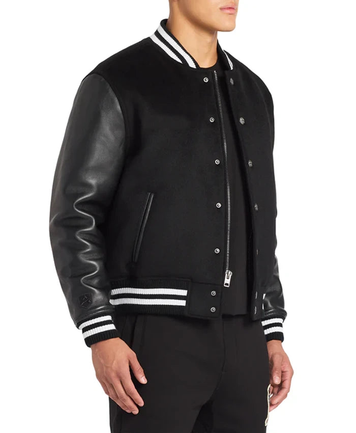 Black Wool Varsity Jacket With Leather Sleeves  - Recreated