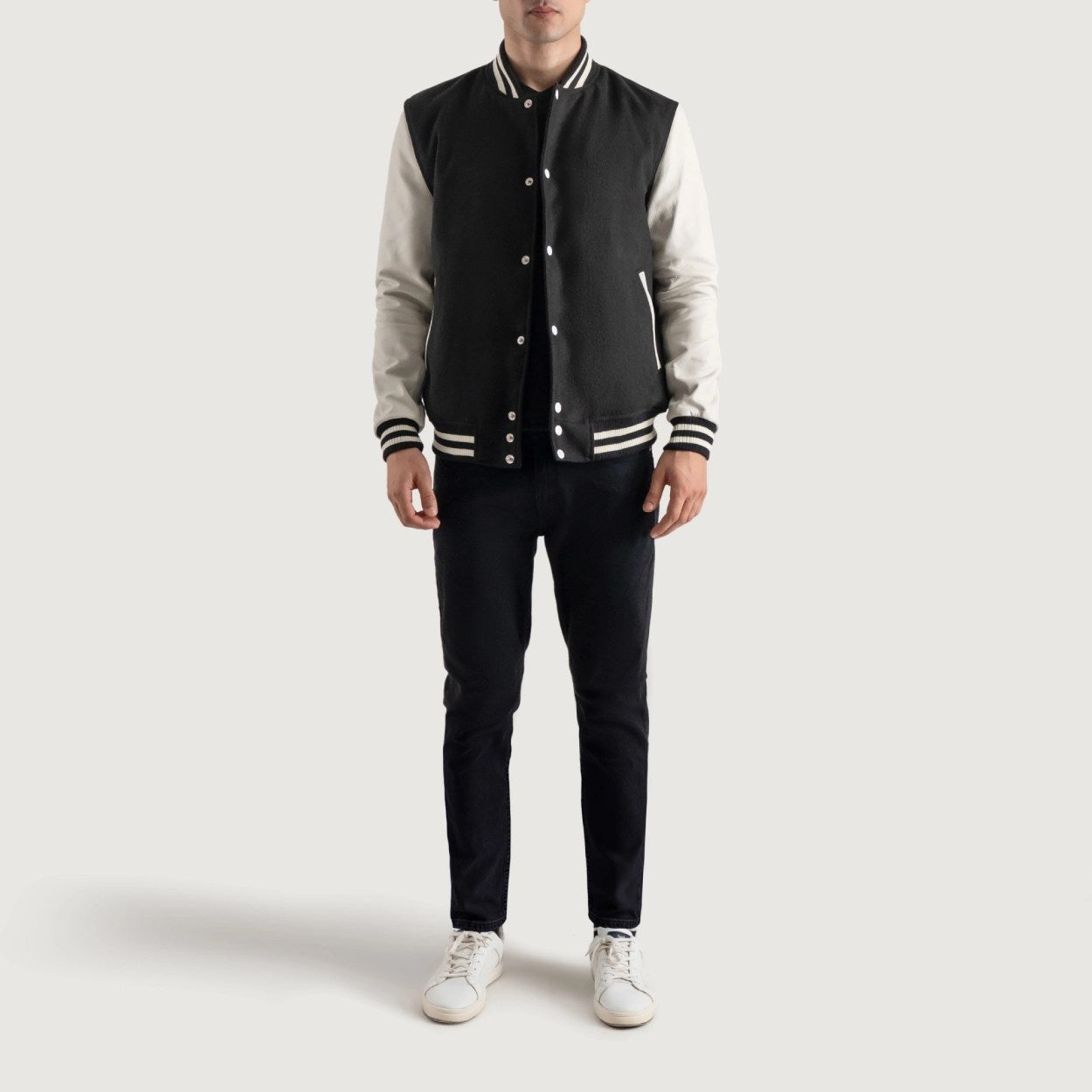 Black and White Wool & Leather Letterman Varsity Jacket