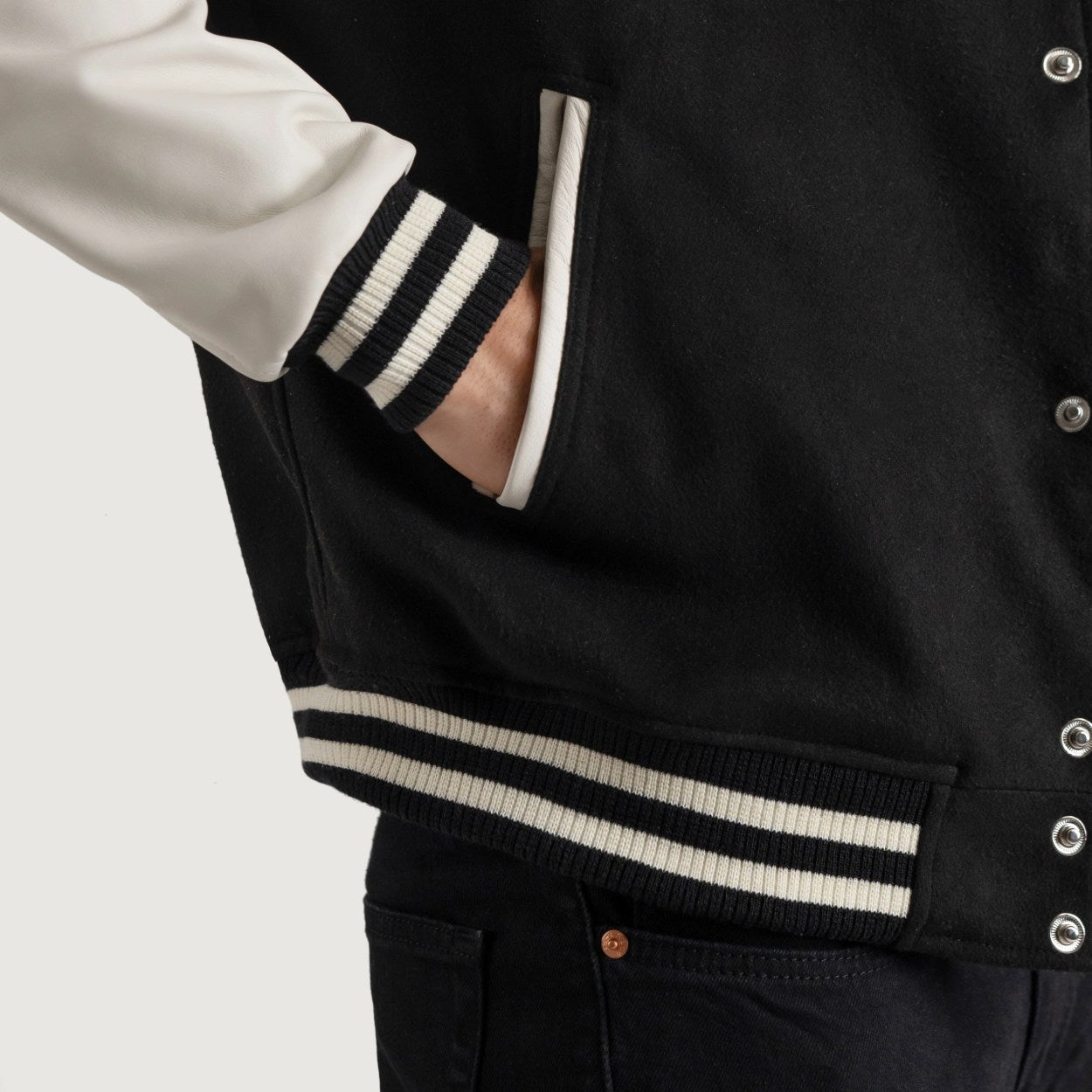 Black and White Wool & Leather Letterman Varsity Jacket