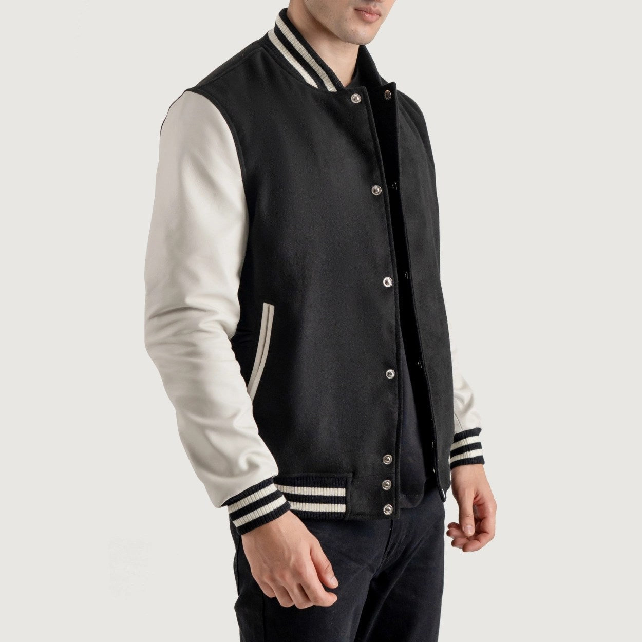 Black and White Wool & Leather Letterman Varsity Jacket