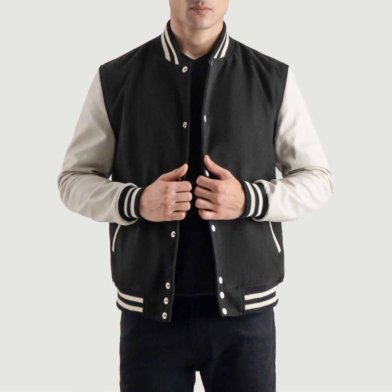 Black and White Wool & Leather Letterman Varsity Jacket
