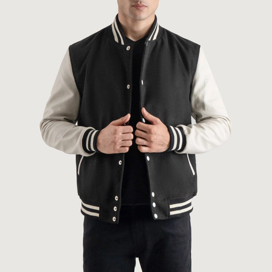 Black and White Wool & Leather Letterman Varsity Jacket