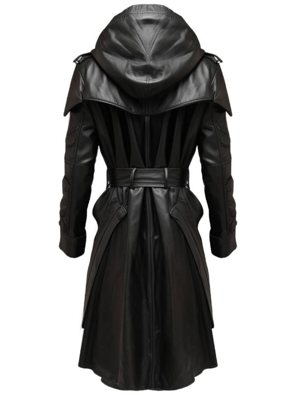 Black Stylish Leather Coat - Hooded Leather Coat
