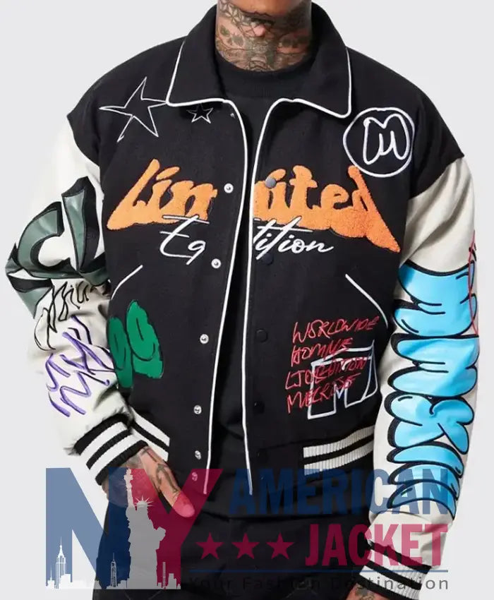 Boxy Fit Graffiti Varsity Jacket