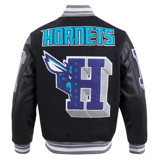 Charlotte Hornets Black Wool Varsity Jacket  - Recreated