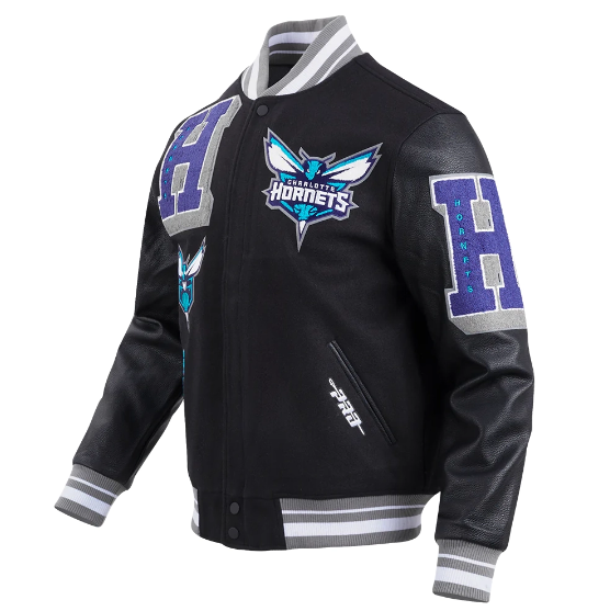 Charlotte Hornets Black Wool Varsity Jacket  - Recreated