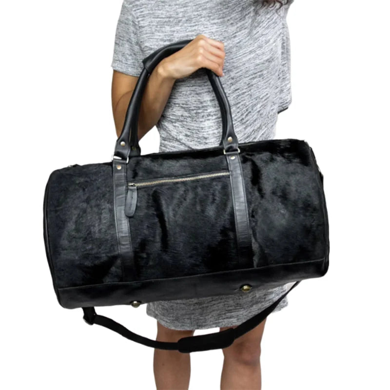 Classic Men’s Black Leather Cowhide Duffle Bag