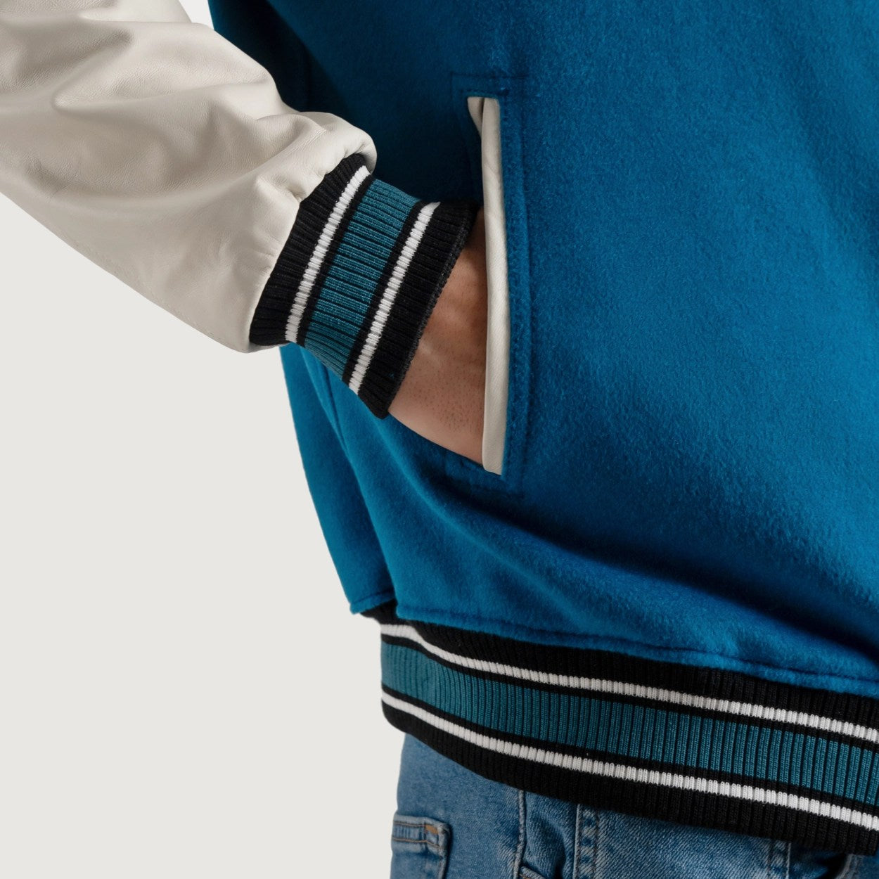 Deep Mid Sky Blue and White Varsity Letterman Jacket