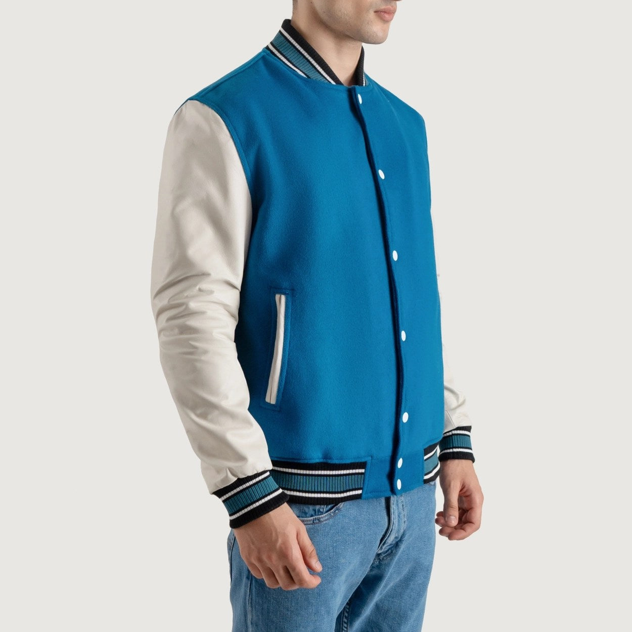 Deep Mid Sky Blue and White Varsity Letterman Jacket