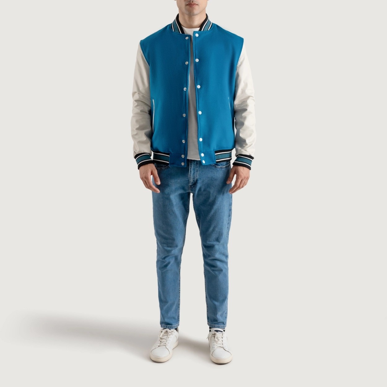 Deep Mid Sky Blue and White Varsity Letterman Jacket