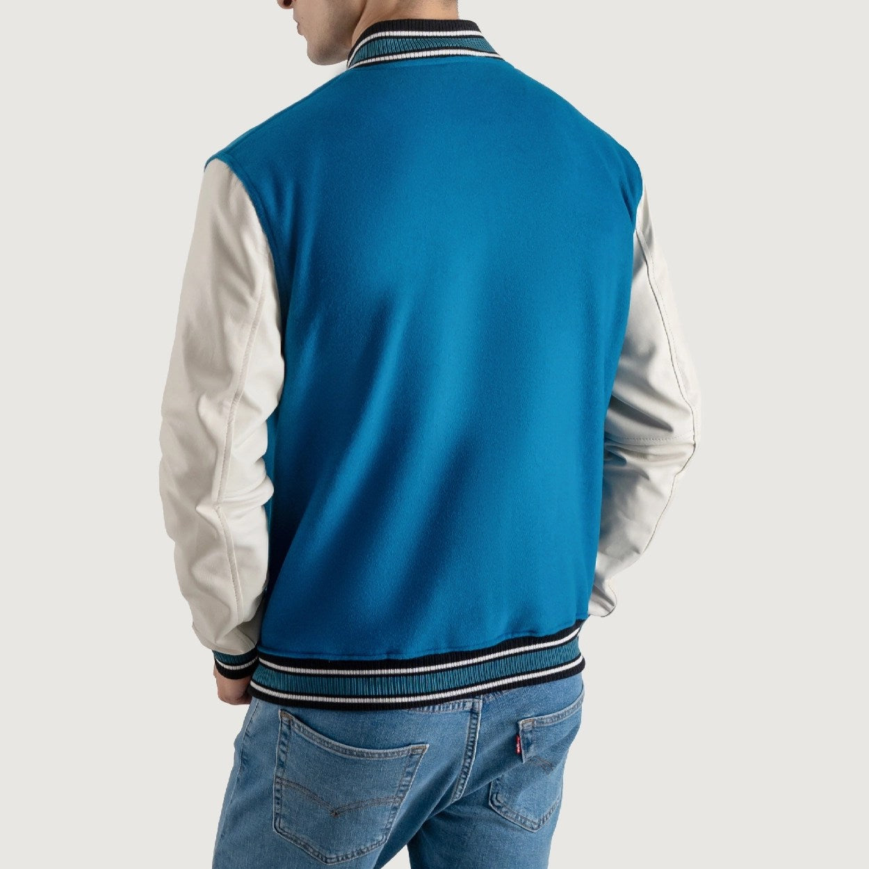 Deep Mid Sky Blue and White Varsity Letterman Jacket