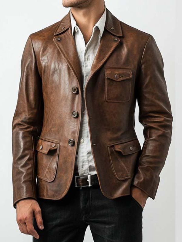Ethan Distressed Brown Leather Blazer - Brown Leather Jacket