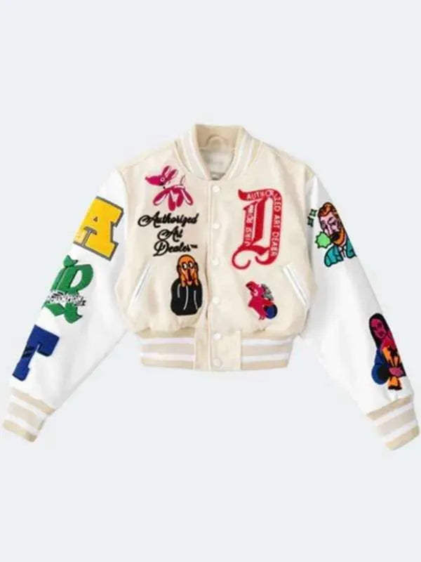 First Row Art Dealer Graphic Cream Cropped Varsity Jacket  - Recreated