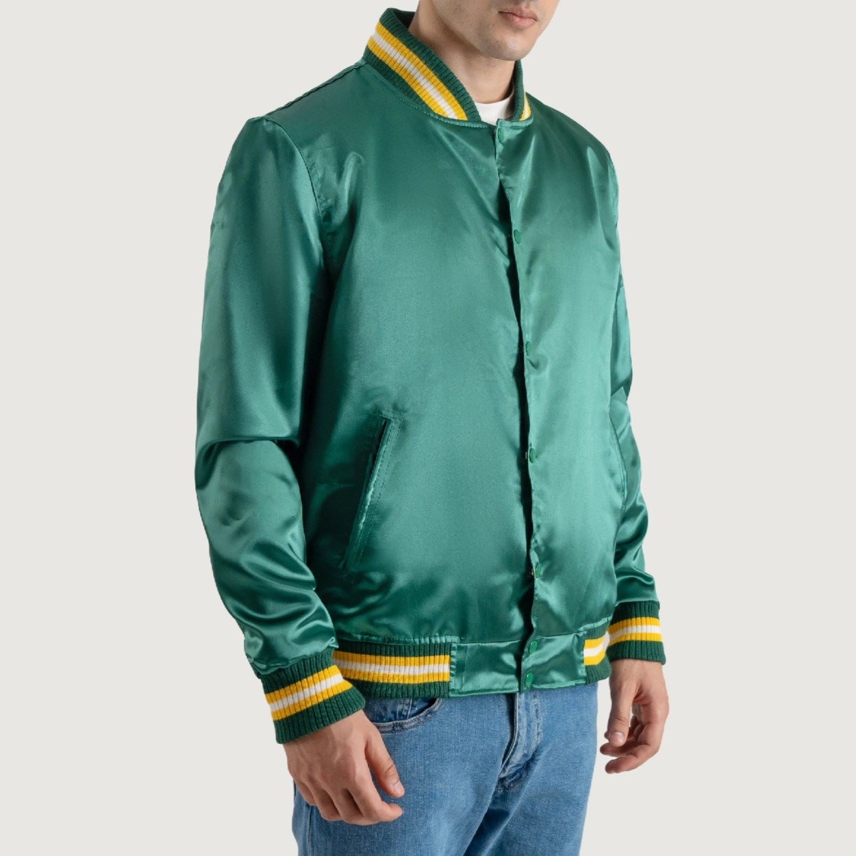 Forest Green Satin Letterman Jacket with Yellow Stripes