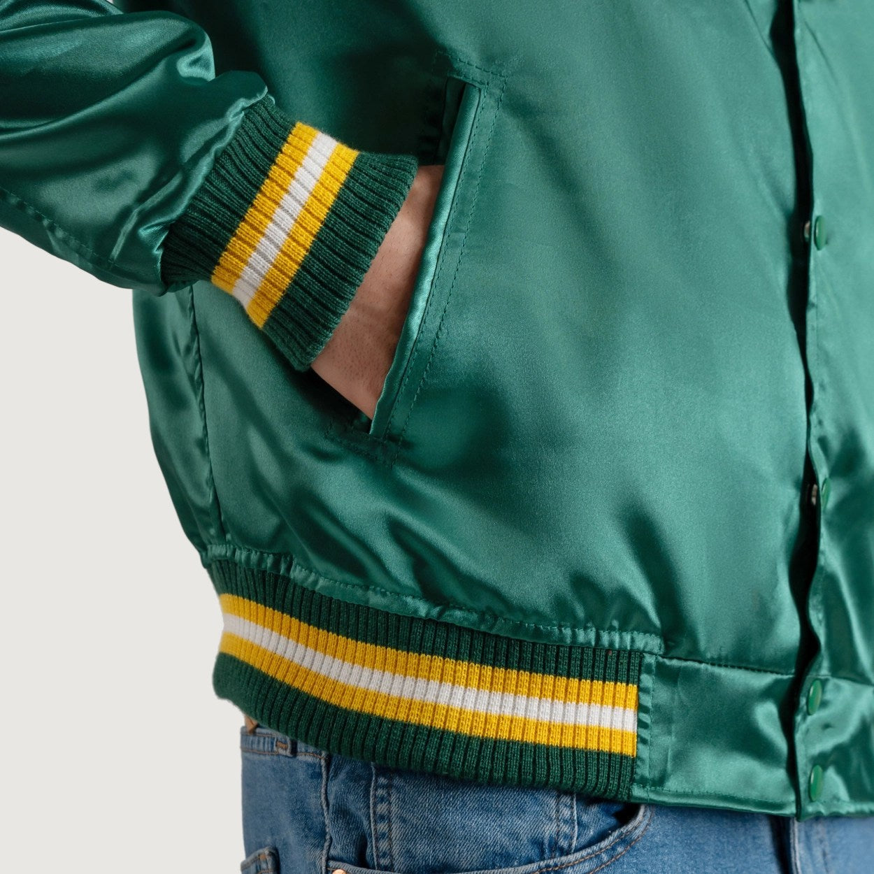 Forest Green Satin Letterman Jacket with Yellow Stripes