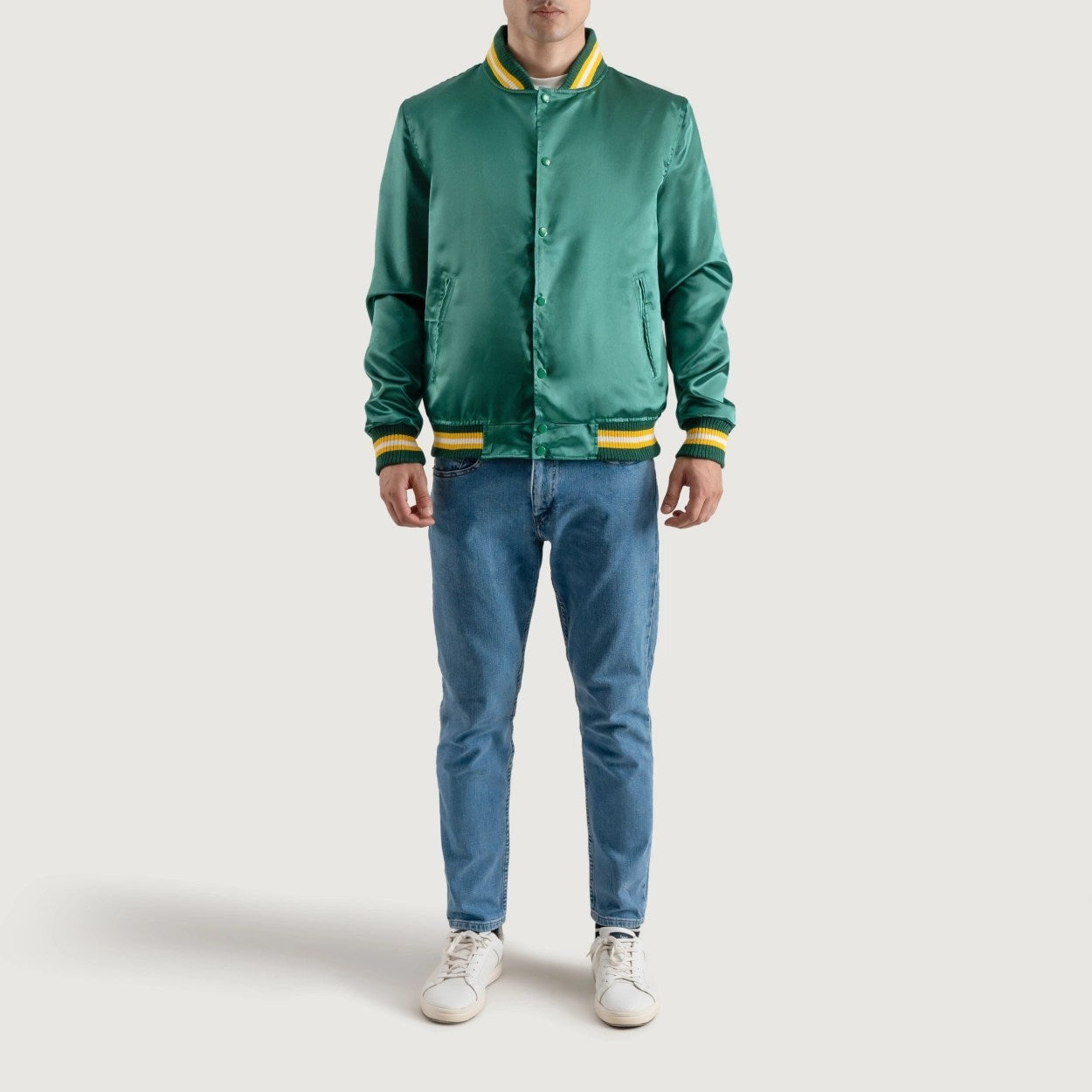 Forest Green Satin Letterman Jacket with Yellow Stripes