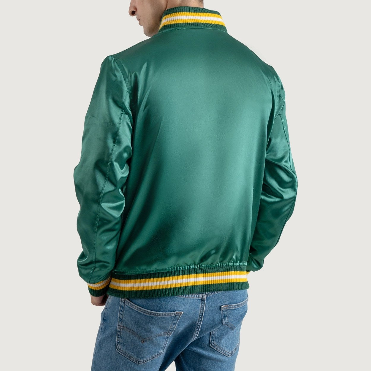 Forest Green Satin Letterman Jacket with Yellow Stripes
