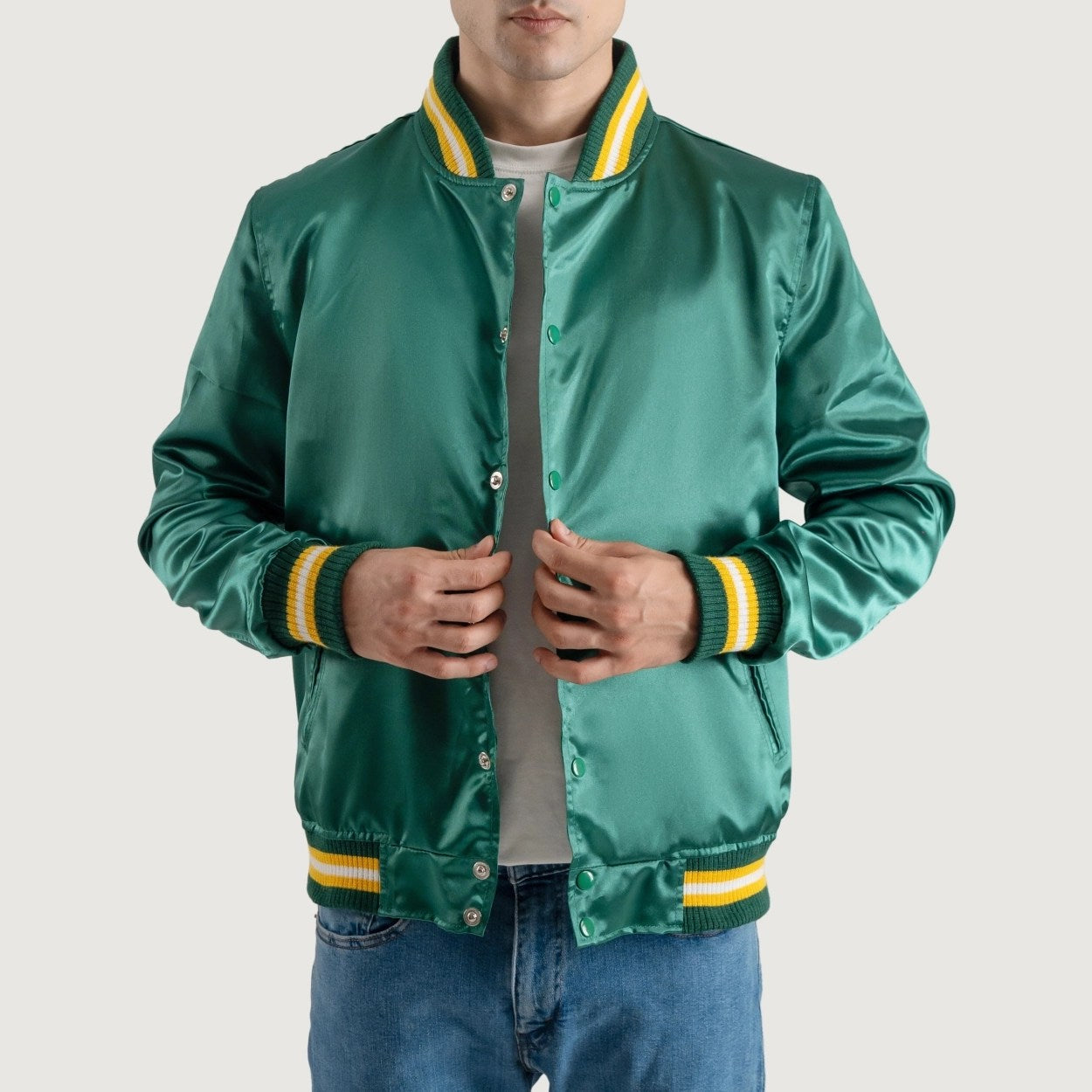 Forest Green Satin Letterman Jacket with Yellow Stripes  - Recreated