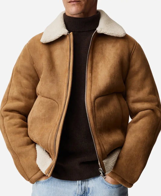 Men’s Fur Collar Brown Suede Leather Trucker Jacket