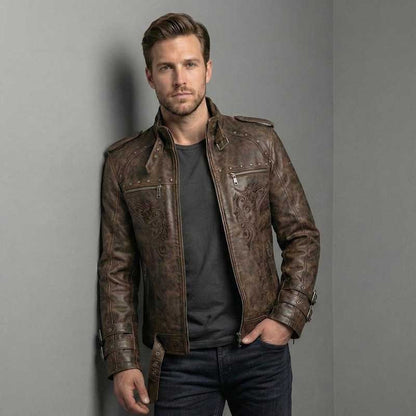 Men's Brown Gothic Embroidered Leather Jacket