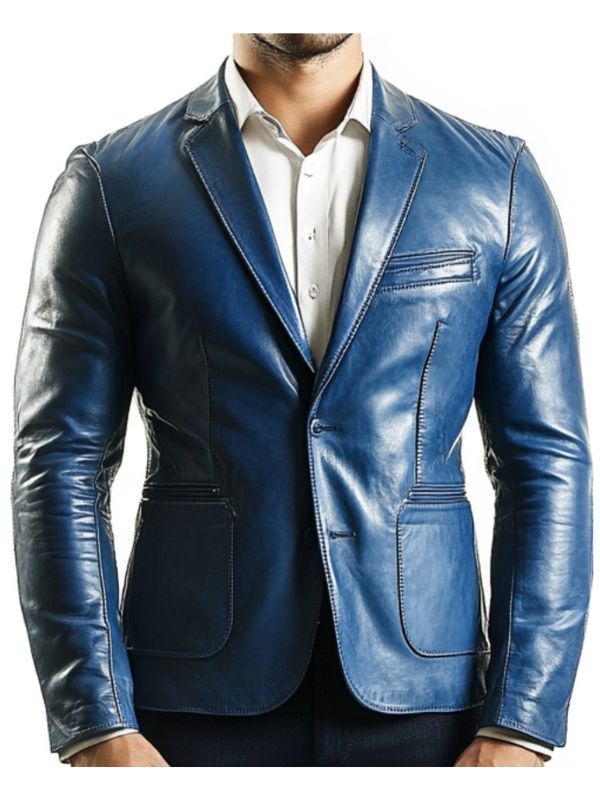 George Blue Leather Blazer - Leather Blazer for Men Blue