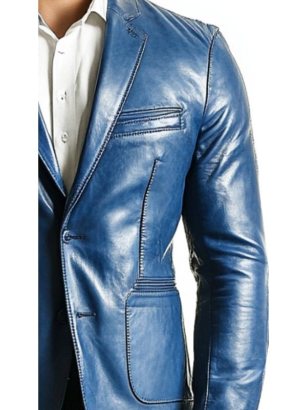 George Blue Leather Blazer - Leather Blazer for Men Blue